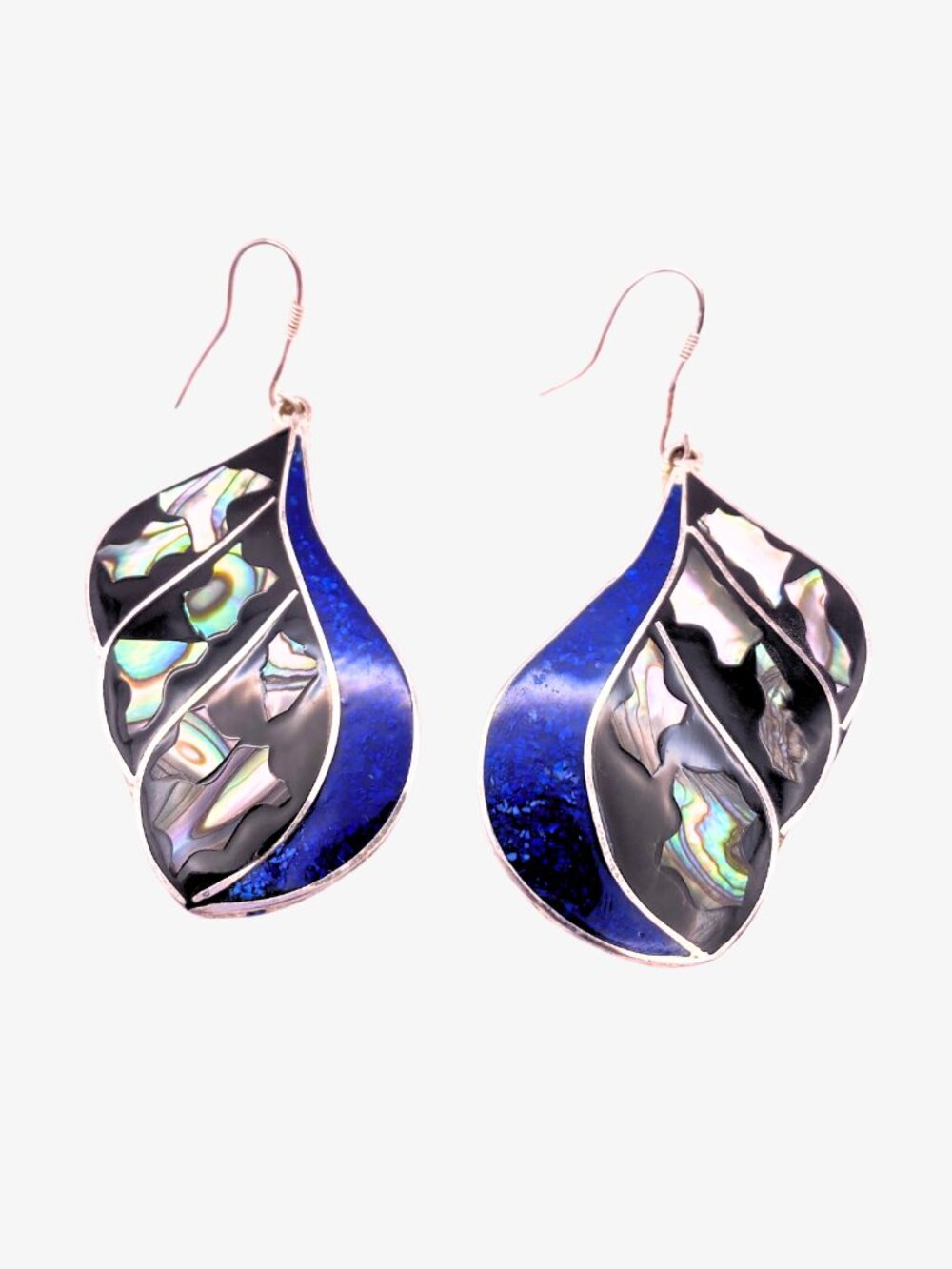 VTG Alpaca Silver Mexico Earrings Cloisonné Inlay Abalone Blue Black Enamel Hook